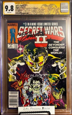 Secret Wars II #3 NEWSSTAND 9.8 CGC SS 2X Signed/Sketched by Al Milgrom & Signed by Jim Shooter KEY: 1st full app Beyonder