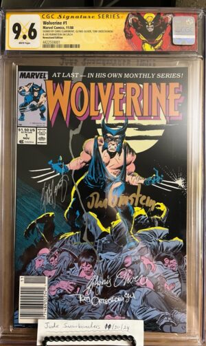 Wolverine #1 NEWSSTAND 9.6 CGC SS 4X Signed by Claremont, Rubinstein, Oliver, & Tom! KEY:
- 1st app. Patch (Wolverine)
- Premiere issue of Wolverin