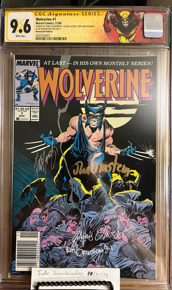 Wolverine #1 NEWSSTAND 9.6 CGC SS 4X Signed by Claremont, Rubinstein, Oliver, & Tom! KEY:
- 1st app. Patch (Wolverine)
- Premiere issue of Wolverin