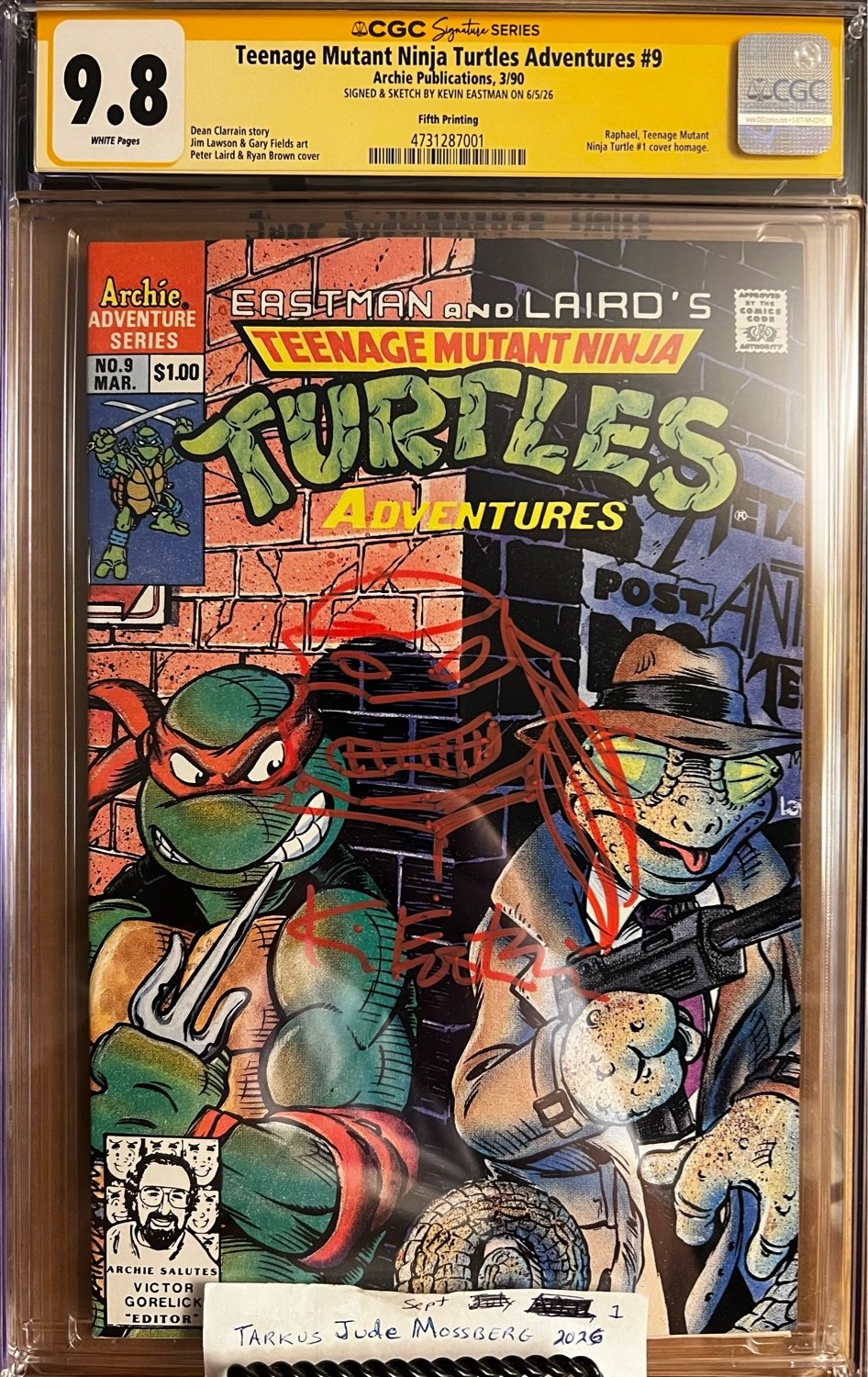 Teenage Mutant Ninja Turtles Adventures #9 9.8 CGC SS Signed & Sketched by Kevin Eastman! KEY: Raphael #1 cover homage